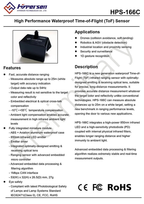 ToF Time of Flight Measuring Sensor Transducer Hypersen HPS-166C AGV 25m lidar Laser Infrared Ranging Obstacle Avoidance