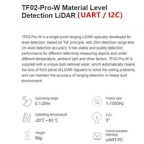 TF02-Pro-W IP65 LiDAR level sensor for dusty environments