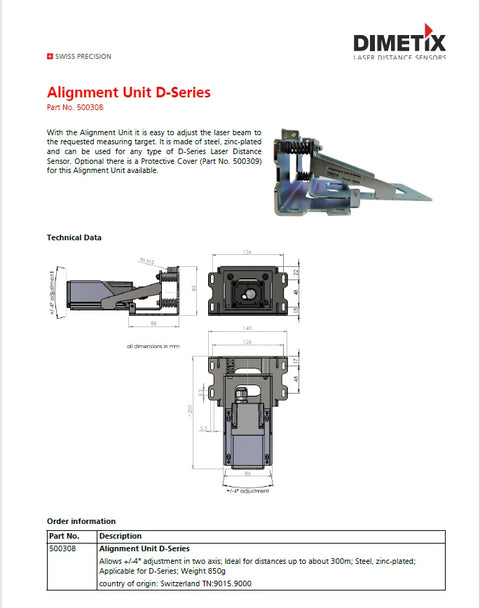 Part No. 500308 Accessories for Dimetix D-Series sensor
